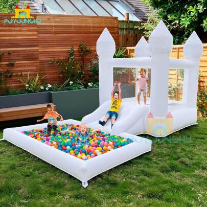 White Bounce House With Slide Ball Pit Air Blower Oxford Material For Kids Birthday Girt/Christmas/Halloween Party Baby Shower Event Photography (12x7x7ft)