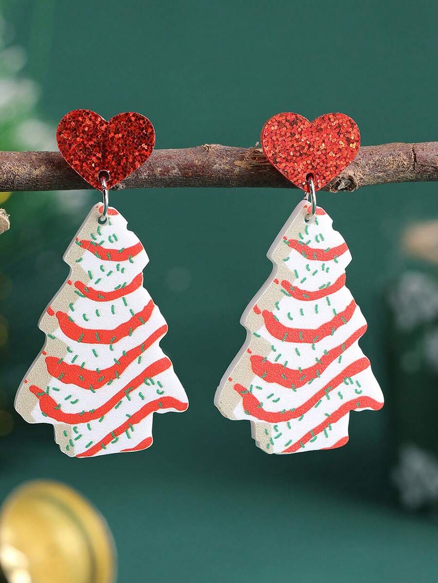 圣诞树饼干设计吊坠耳环，圣诞树耳环心形亚克力圣诞女孩耳环 - 彩色 - 查看 1