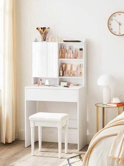 VASAGLE Schminktisch, Frisiertisch mit Spiegel und Einer Schublade, Kosmetiktisch, verstellbare Ablagen, modern, 40 x 70 x 136 cm, wolkenweiß