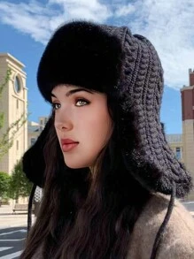 1pc Women's Solid Color Striped Trapper Hat, Fashionable And Versatile Knitted Cable Beanie For Autumn/Winter, Suitable For Outdoor Activities Like Skiing