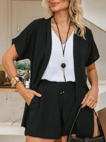 Women's Kimono Set With Shorts Viscose Elegant Casual High Waist Summer Fashion - Xem 3