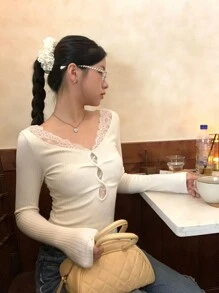 优质蕾丝细节修身长袖 T 恤，百搭新款汗衫设计 - 杏色 - 查看 1