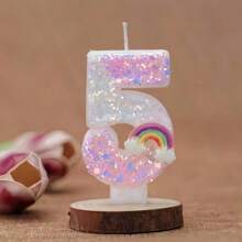 1pc Unicorn Theme Shiny Powder White Sequin Decor Gradient Cute Tricolor Rainbow Cloud, Symbolizing Romantic Happiness, Creative Handmade DIY Cake Topper Numbers 0-9 Happy Birthday Celebration, Interesting Glitter Birthday Candles Cake Decor