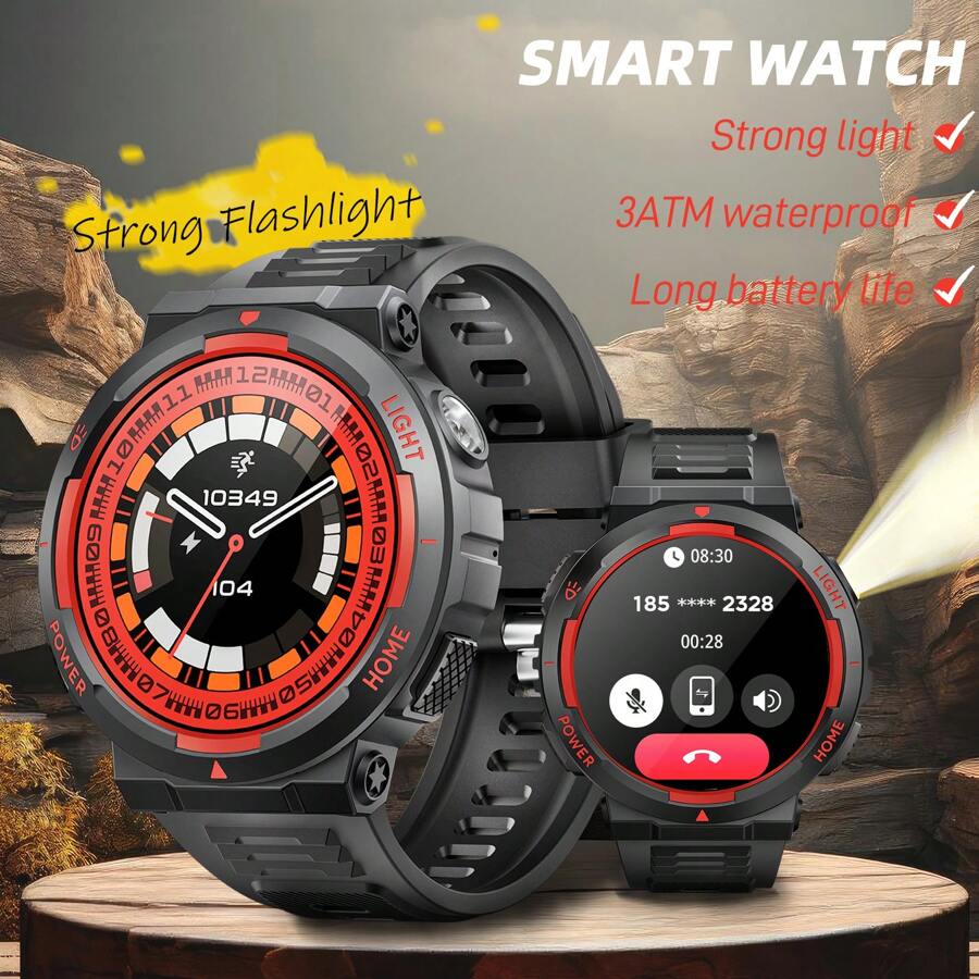 EIGIIS Men's Smart Watch With LED Flashlight BT Call 1.53" IPS Screen 400mAh Battery 3ATM Waterproof 100+ Sports Modes Heart Rate Sleep Monitor Remote Control Camera Music Playback Control For IOS Android Phones - Black-Red Color - View 1