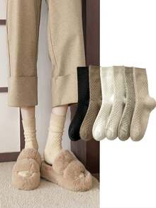 3 双优雅混色女士毛绒袜子 - 温暖舒适的中腰冬季羊毛、纯色、柔软涤纶混纺 - 彩色 - 查看 2