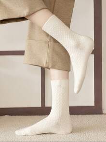 3 双优雅混色女士毛绒袜子 - 温暖舒适的中腰冬季羊毛、纯色、柔软涤纶混纺 - 彩色 - 查看 4