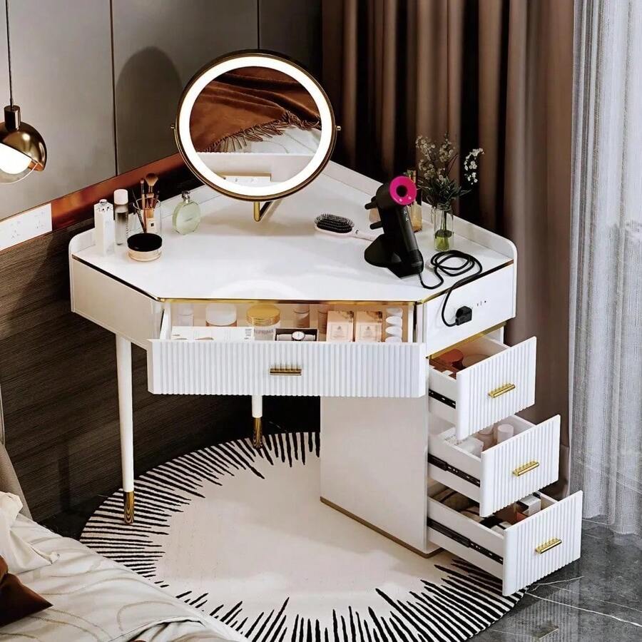 Vanity With Lighted Mirror, Makeup Dressing Table With 4 Drawers