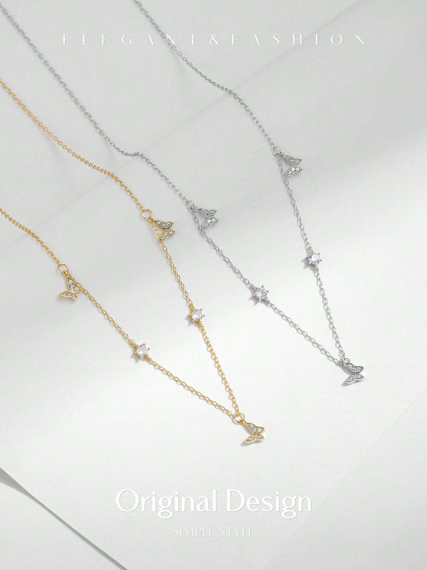 MODIAN 925 Sterling Silver Flying Butterfly CZ Necklace Simple Link
