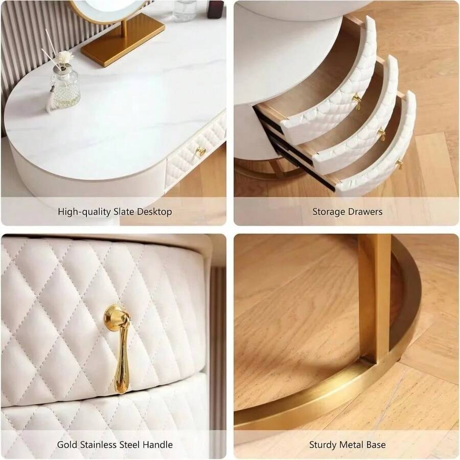 Premium White Faux Leather Vanity Desk Set With Integrated LED Mirror