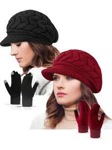 2 piezas Conjunto de gorro y guantes de punto para mujer, gorro de punto casual de moda, adecuado para uso diario en otoño/invierno, viajes al aire libre, senderismo, esquí, ciclismo, escalada, accesorios de invierno, atuendos de invierno