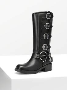 Women's Slip On Knee High Boots Square Toe Chunky Heel Classic Vintage Metallic Buckles Motorcycle Riding Boots - PU ĐEN - Xem 6