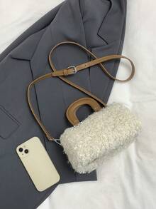 浪漫可爱高端毛绒马鞍包，时尚毛绒边缘手提包，百搭日式单肩斜挎包 - 白色 - 查看 7