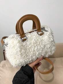 浪漫可爱高端毛绒马鞍包，时尚毛绒边缘手提包，百搭日式单肩斜挎包 - 白色 - 查看 5