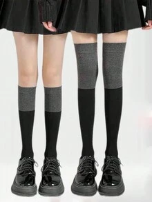 1 双女士黑灰色拼接及膝袜，时尚中长袜，潮流单品学院风，适合日常穿着 - 常規款 - 查看 1