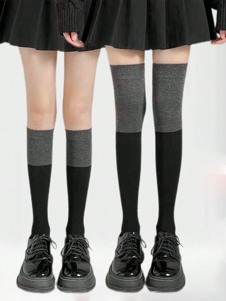 1 双女士黑灰色拼接及膝袜，时尚中长袜，潮流单品学院风，适合日常穿着 - 常規款 - 查看 1