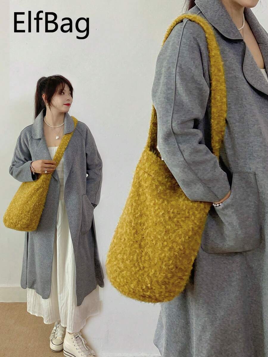 Túi đeo chéo Y2K Minimalist Fluffy, Lớp lót vải lông, Túi xô màu be tinh tế thời trang, Túi tote tròn dung tích lớn, Thích hợp đi học, đi làm, mua sắm, sử dụng hàng ngày - Màu Mù tạt vàng - Xem 1