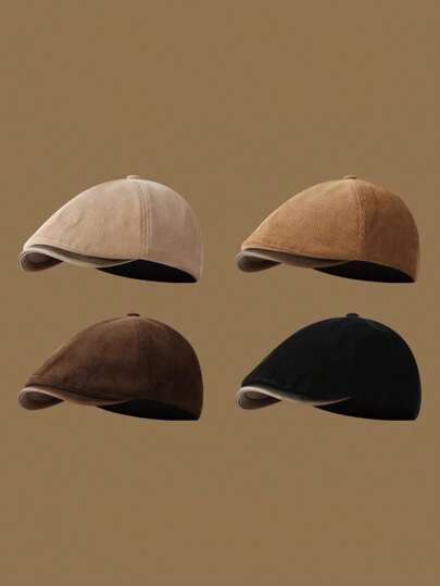 1pc Unisex Solid Color Corduroy Leather Brim Newsboy Cap, Gentleman Casual Style, Suitable For Autumn/Winter Daily Wear, Vacation, Suitable For Men And Women