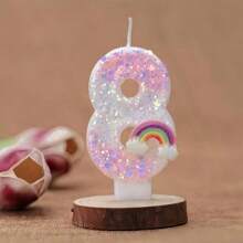 1pc Unicorn Theme Shiny Powder White Sequin Decor Gradient Cute Tricolor Rainbow Cloud, Symbolizing Romantic Happiness, Creative Handmade DIY Cake Topper Numbers 0-9 Happy Birthday Celebration, Interesting Glitter Birthday Candles Cake Decor