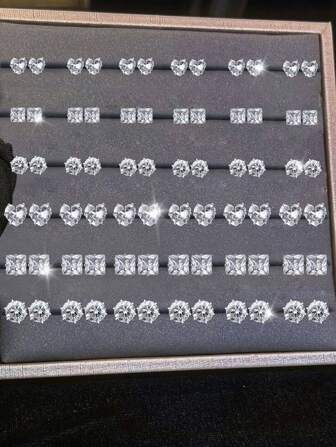 24-72pcs/Set Minimalist Geometric Zirconia Stud Earrings Set, Suitable For Men For Daily Wear, Dates, Parties, Valentine's Day, Christmas, Birthday, Thanksgiving, New Year Gifts