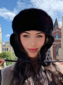 1pc Women's Solid Color Striped Trapper Hat, Fashionable And Versatile Knitted Cable Beanie For Autumn/Winter, Suitable For Outdoor Activities Like Skiing