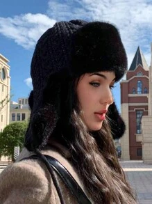 1pc Women's Solid Color Striped Trapper Hat, Fashionable And Versatile Knitted Cable Beanie For Autumn/Winter, Suitable For Outdoor Activities Like Skiing