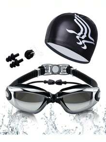 Kit de Natación 4 en 1, Equipo de Natación que Incluye Gafas de Natación con Auriculares Integrados, Gorro de Natación, Auriculares y Clips para la Nariz, Adecuado para Hombres y Mujeres Adultos y Niños - Negro - Ver 1