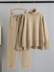 GIGOGOU Bộ quần áo len thể thao thu đông cho nữ 2 món - Màu Khaki - Xem 2