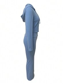 新款潮流欧美风格女式拉链连帽衫和紧身裤套装，街头潮流秋冬时尚