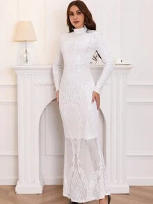 Đầm dài tay cổ tròn thanh lịch dành cho nữ, thích hợp cho tiệc, đám cưới, tiệc tùng, váy dạ hội trang trọng màu trắng, cho khách dự tiệc cưới, tốt nghiệp, tiệc tối - trắng - Xem 4