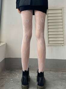 1pair Black & White Rose Flower Lace Fishnet Tights, Sheer Patterned Stockings, Suitable For Spring/Summer Daily Outfit