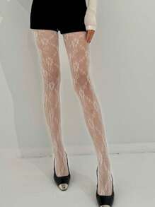 1pair Black & White Rose Flower Lace Fishnet Tights, Sheer Patterned Stockings, Suitable For Spring/Summer Daily Outfit