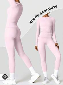 YEIFIN Conjunto de dos piezas de invierno para mujer, camiseta de manga larga lisa y leggings, conjunto de chándal, top deportivo de cuello redondo y pantalones ajustados para yoga, entrenamiento en el gimnasio, ropa deportiva de primavera/verano para mujer