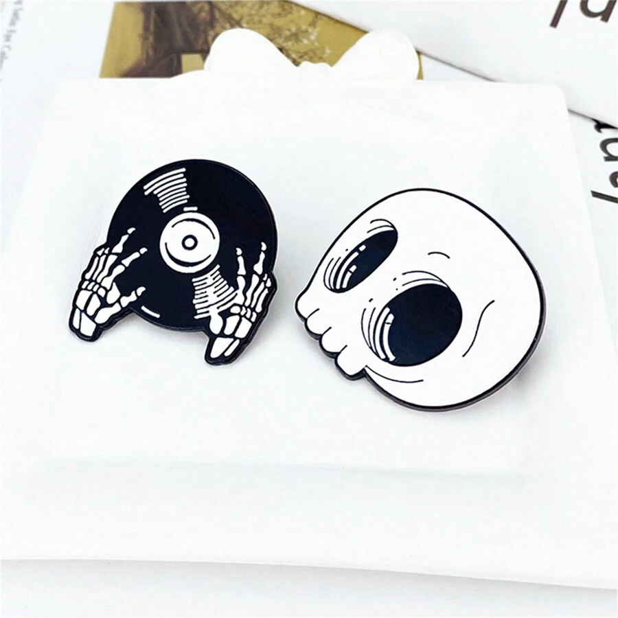2 chiếc trâm cài áo hợp kim tráng men hình đầu lâu và đĩa than, dùng cho quần áo và túi xách, phụ kiện quà tặng tốt nhất - Nhiều màu - Xem 1