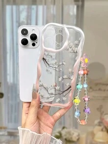 米色花卉图案透明白漆花枝手链保护手机壳兼容 iPhone 14 Pro Max、iPhone 13、iPhone 11、iPhone XR、iPhone 7/8、Galaxy S24、A04、A12、A13、A14、A23、A24、A32、A33、A51、A52、A53、A54、A72、S20 FE、Redmi 9、Redmi 9A - 彩色 - 查看 2