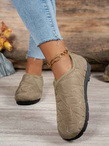 女士松紧带伞布一脚蹬保暖内衬时尚平底鞋纯色适合秋冬季 - 卡其色 - 查看 3