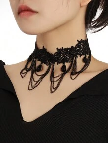 1 chiếc vòng cổ choker đính hạt tua rua ren phong cách Gothic, Quà tặng cho phụ nữ Goth, Quà tặng cho mẹ - màu đen - Xem 7
