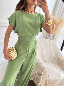 Women's Set: Top With Open Back And Wide Leg Pants With Bags - màu xanh lá - Xem 6