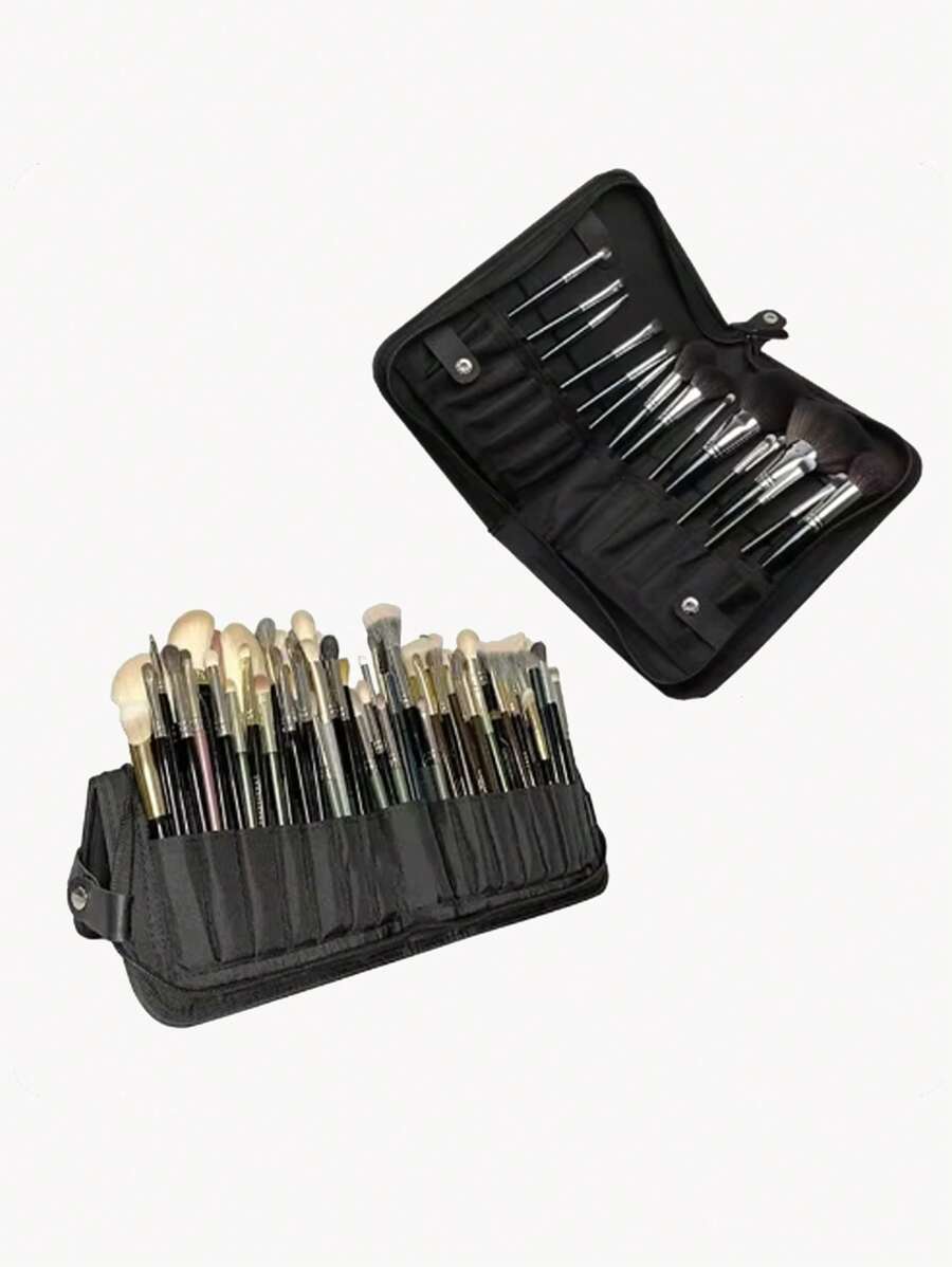 1 Porta-pennelli professionali per truccatori, pieghevole con cerniera, spaziosa, capacità grande, 14 fori in PU o 29 fori in tela, custodia portaoggetti cosmetici portatile con tasca, organizer per pennelli trucco, custodia da viaggio pieghevole e in piedi,  per conservare i cosmetici, portatile, durevole e asciuga rapidamente - pennelli non inclusi, accessori per il bagno, organizer per il trucco, decorazioni per il bagno, articoli per vacanze estive, accessori per il ritorno a scuola - nero - Visualizzare 1