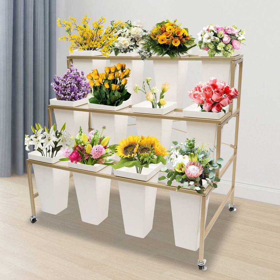 Gold Three Layer Flower Shop Flower Display Rack Gold One Layer With