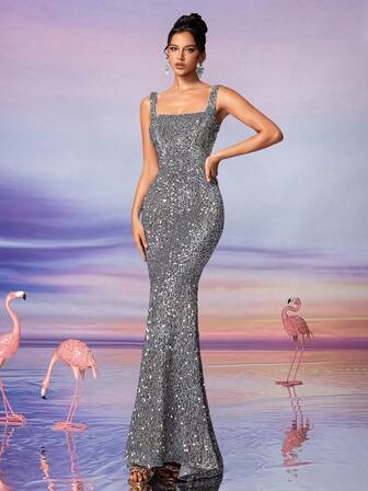 AOSHABABI《永恒的经典，重现赫本时代的优雅之美》经典灰色方领天鹅绒亮片鱼尾晚礼服，适合所有正式场合，婚礼嘉宾，音乐节，节日派对，酒会，约会，度假，晚会，伴娘