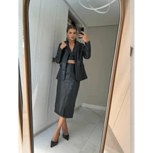 PU Leather Midi Skirt With Front Pockets - Black - View 1