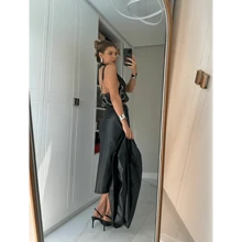 PU Leather Midi Skirt With Front Pockets - Black - View 2