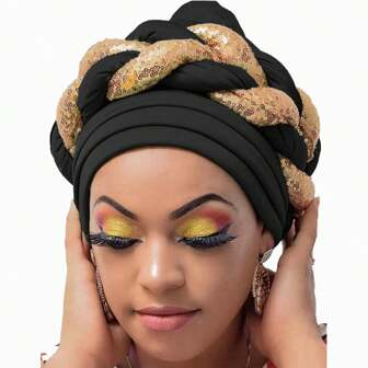 1 pièce Chapeau turban tressé avec paillettes en polyester à blocs de couleur pour femmes, bandeau de tête pour tous les jours, Saint-Valentin