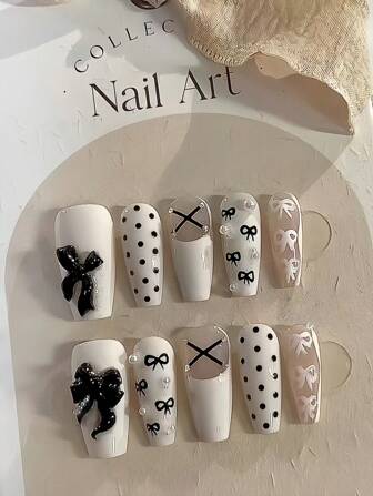 10Pcs Handmade Long Coffin Shaped Gentle Princess Black & White Bowknot Nail Art Manicure False Nail Tips, Reusable For Girls And Women Press On Nails Nail Supplies Nails