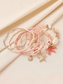 6pcs/Set Bohemian Style Ocean Theme Natural Stone, Pearl, Coral, Seashell, Starfish Beaded Multilayer Bracelet Set, Handmade Accessories For Women, Daily Wear & Holiday Gift