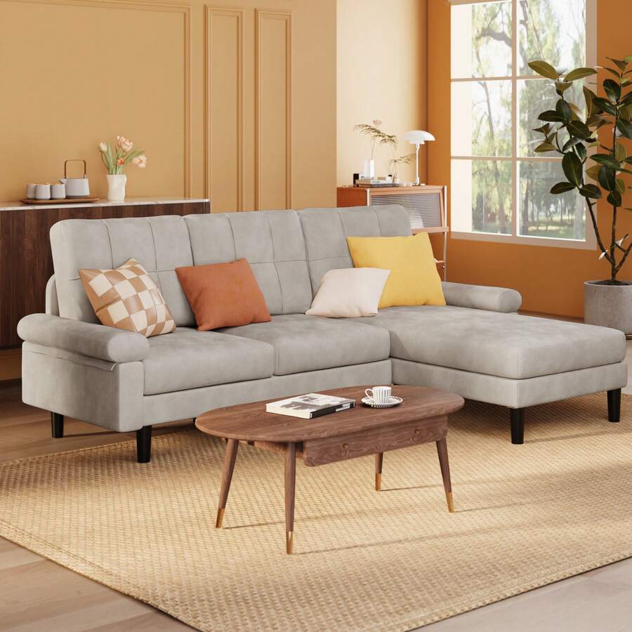 82" L-Shaped Modern Couch, Convertible Sectional Sofa With Soft Velvet For Living Room, Apartment And Office - 淺灰色 - 查看 1