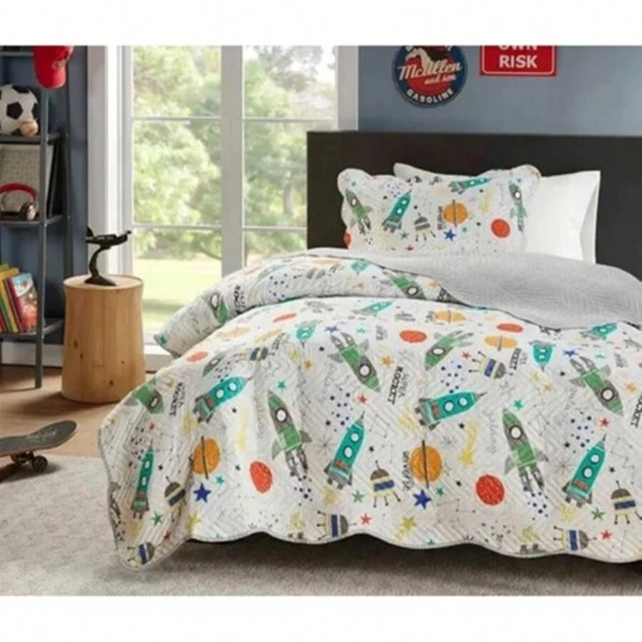 Boutis Ultrasonic Double-Sided 3-Piece Bedspread Kit With Pillowcase - Rockets - View 1