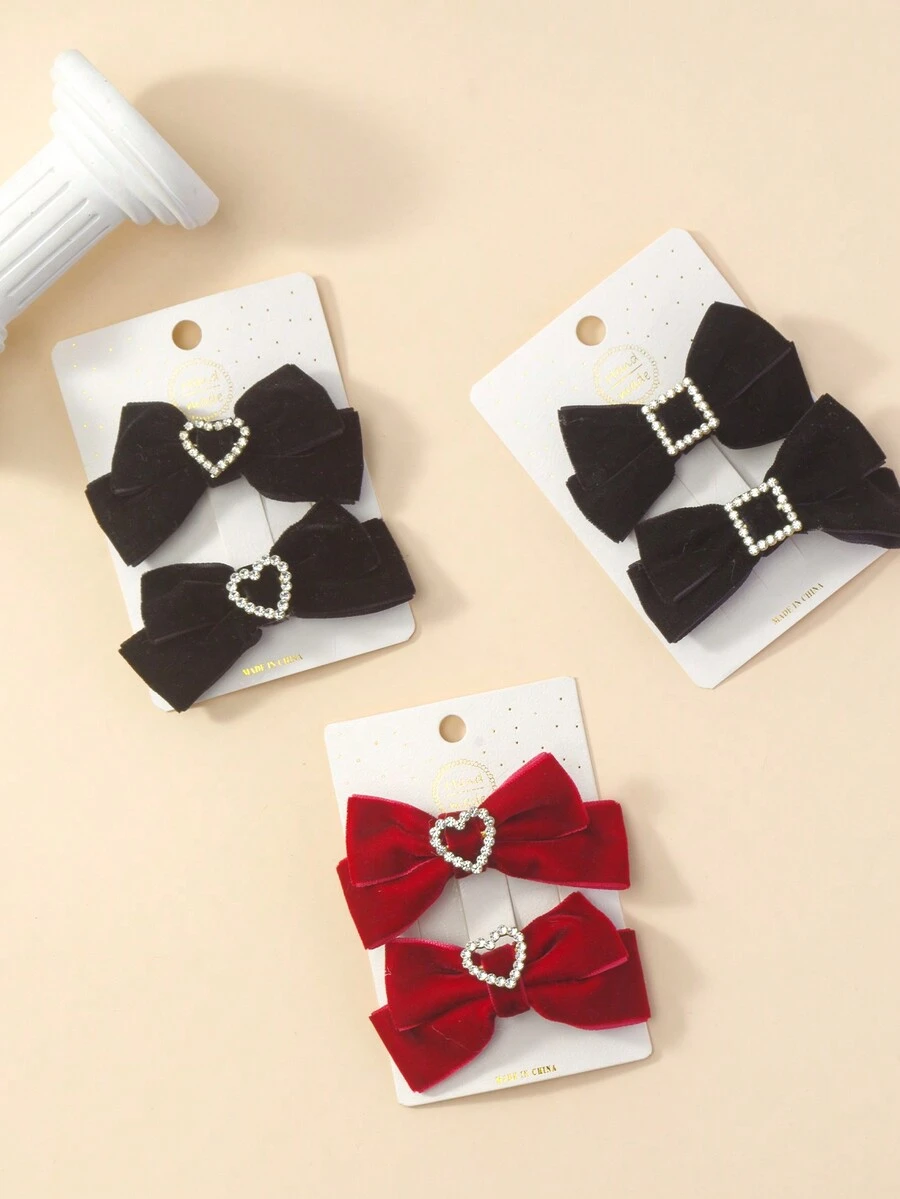 2 件优雅天鹅绒心形和蝴蝶结发夹，适合日常佩戴，秋冬季 - 彩色 - 查看 1