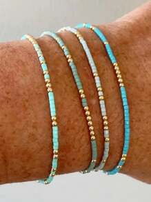 4 peças/Conjunto de Pulseiras Elásticas de Contas de Semente de Turquesa, Pulseiras Artesanais de Contas de Vidro Douradas Boho para Meninas, Joias de Férias (Contas Aleatoriamente Misturadas)
