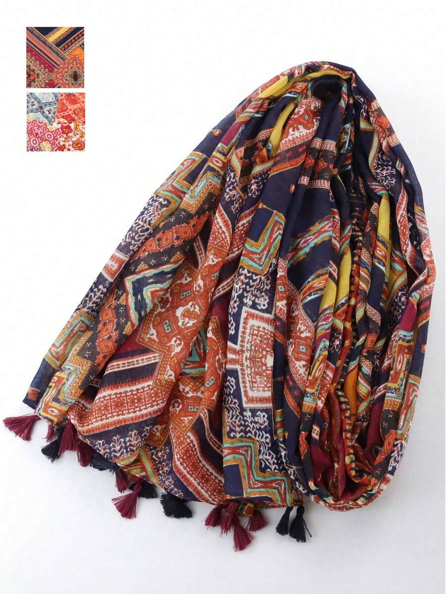 1 chiếc khăn choàng/khăn choàng tua rua in họa tiết Bohemian - Nhiều màu - Xem 1